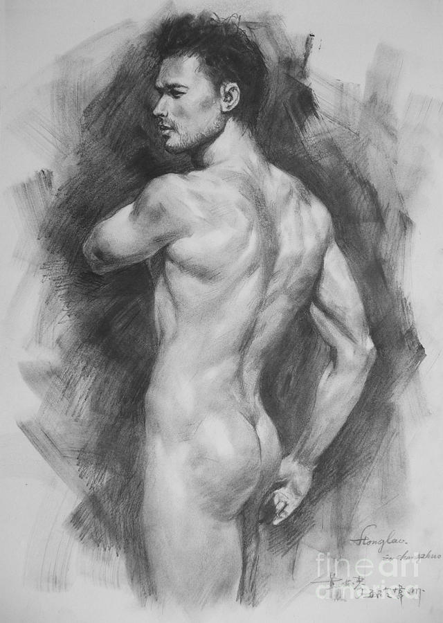 Original Drawing Sketch Male Nude Gay Man Art Pencil On Paper By Hongtao Painting by Hongtao Huang