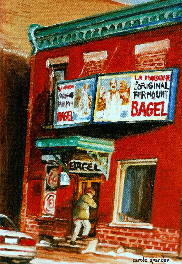 Original Fairmount Bagel Bakery With Vintage Sign Classic Montreal Memories Painting City Scene Painting by Carole Spandau