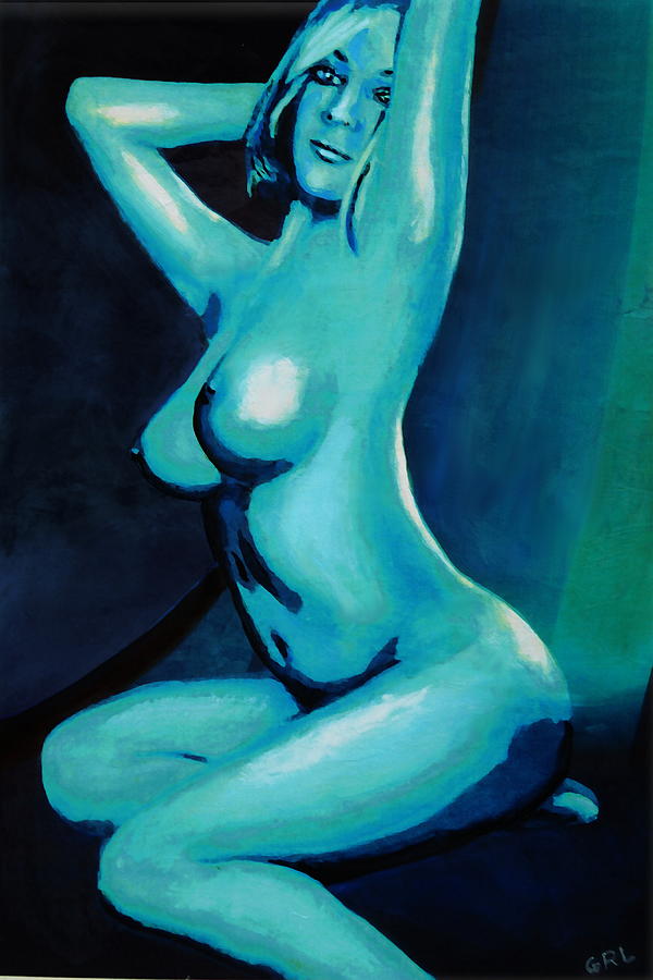 Original Fine Art Female Nude Painting Seated Color Blue Painting by G Linsenmayer