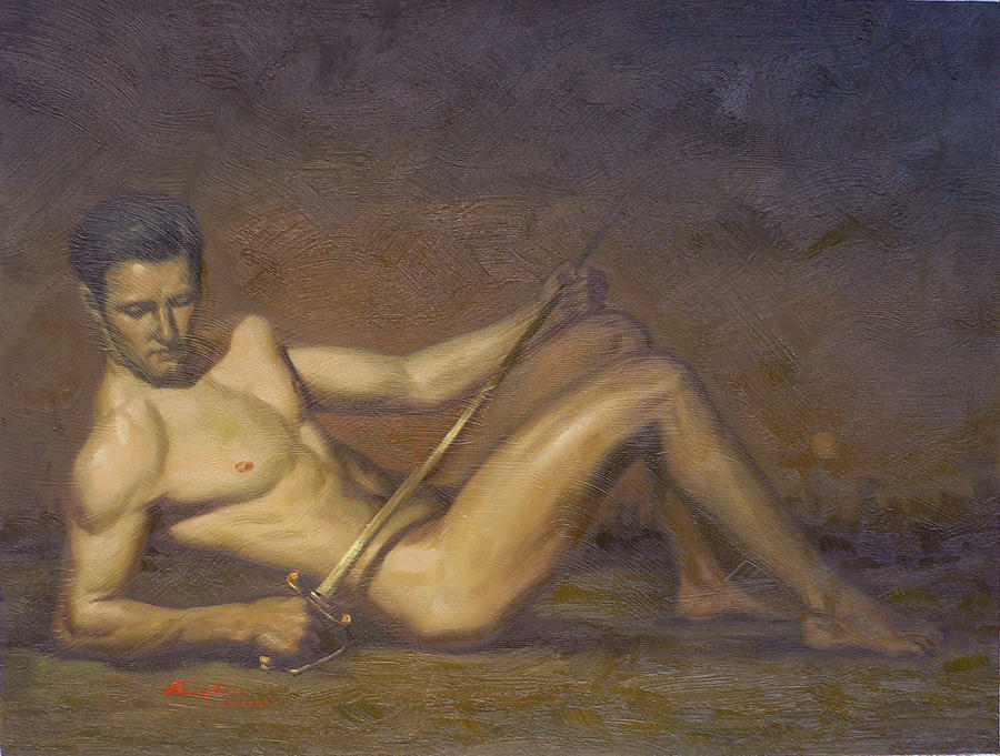 Original Gay Man Art Male Nude And Sword  Painting by Hongtao Huang