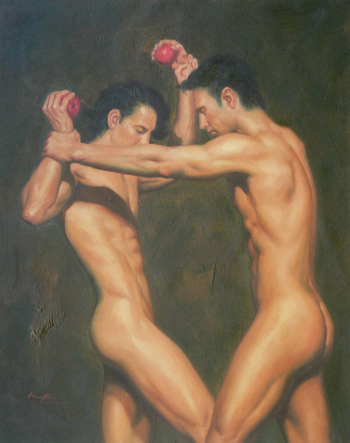 Original Gay Man Art Male Nude The Red Apple#16-2-6-01 Painting by Hongtao Huang