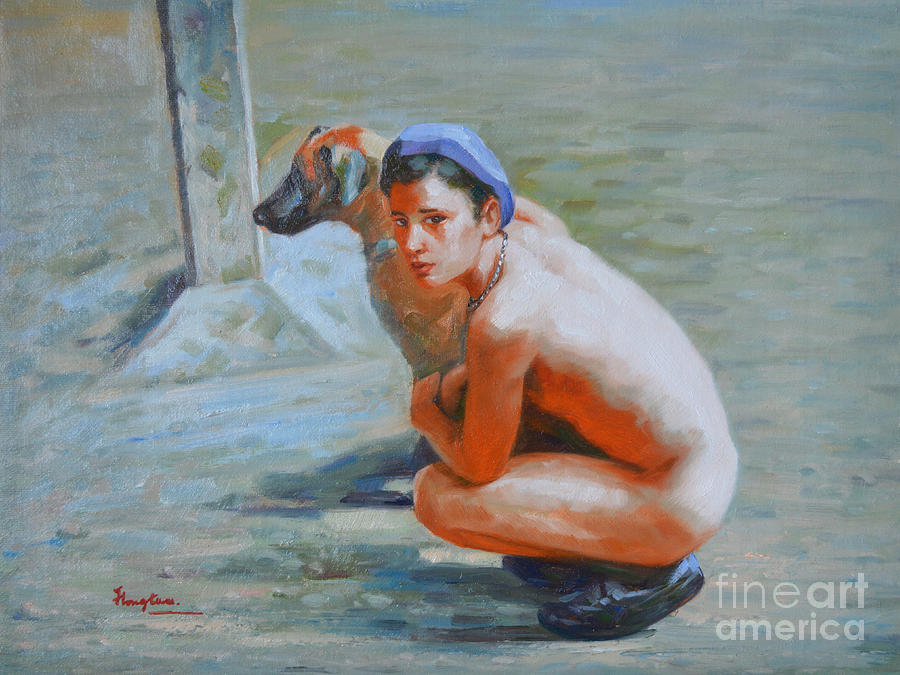 Original Impression Oil Painting Gay Man Body Art- Male Nude And Dog-020 Painting by Hongtao Huang