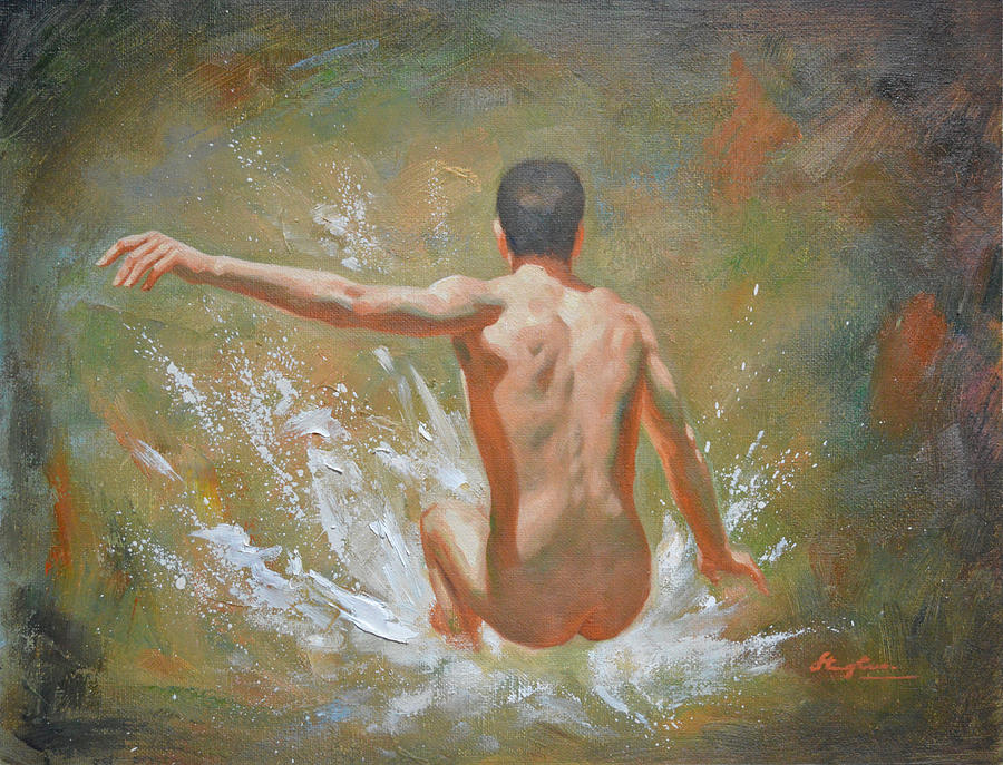 Original Impression Oil Painting Man Art Male Nude-043 Painting by Hongtao Huang
