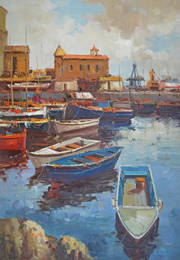 Original Impressional Painting Art - Seasport Painting by Hongtao Huang