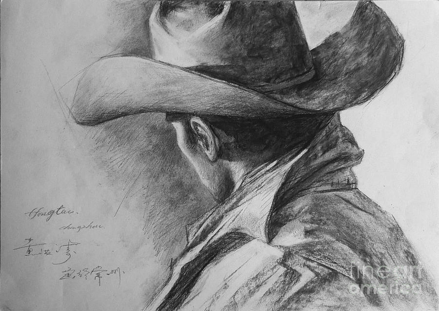 Original man cowboy pencil drawing sketch art on peper by Hongtao Painting by Hongtao Huang