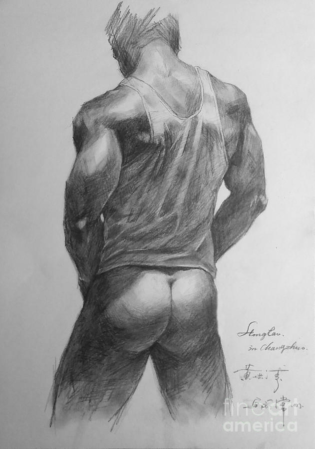 Original man gay pencil drawing sketch art on peper by Hongtao Painting by Hongtao Huang