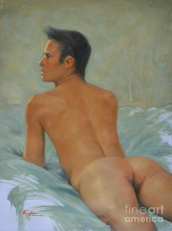 Original man oil painting gay body art-young male nude lying on bed Painting by Hongtao Huang