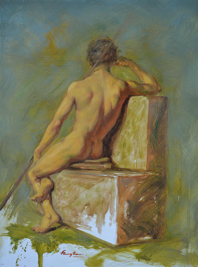 Original man oil painting gay body art-young male nude sitting on chair Painting by Hongtao Huang