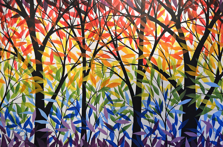 Abstract Painting - Original Modern Rainbow Trees Painting ... Spectrum of Trees by Amy Giacomelli