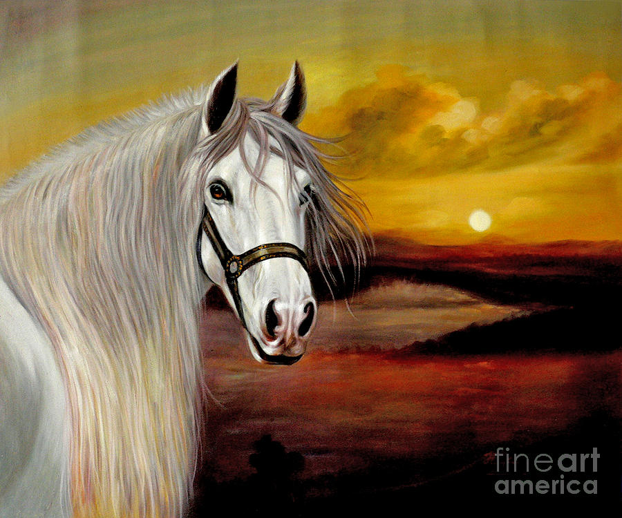 Original Oil Painting Animal Art-horse In Sunset #015 Painting by Hongtao Huang
