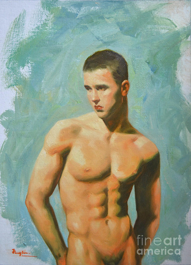 Original oil painting body man art male nude-001 Painting by Hongtao Huang