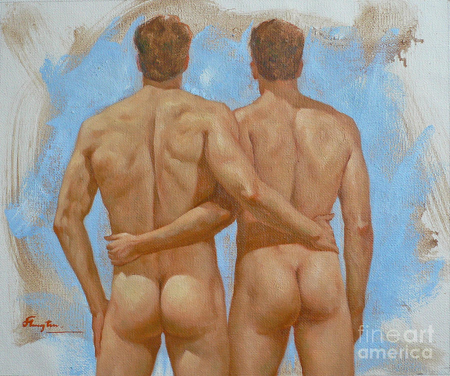 Original Oil Painting Body Man Art -  Two Male Nude -053 Painting by Hongtao Huang