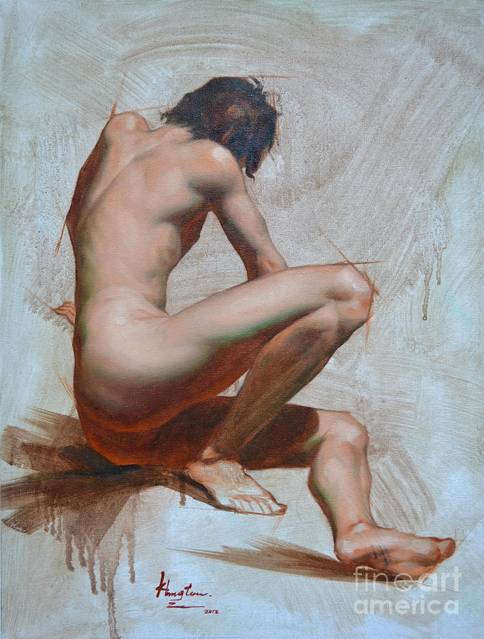 Original Oil Painting Gay Man Art Male Nude -014 Painting by Hongtao Huang