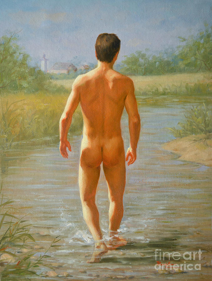 Original Oil Painting Gay Man Art-male Nude Painting by Hongtao Huang