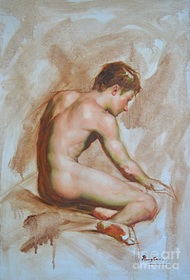 Original Oil Painting Gay Man Body Art Male Nude -010 Painting by Hongtao Huang
