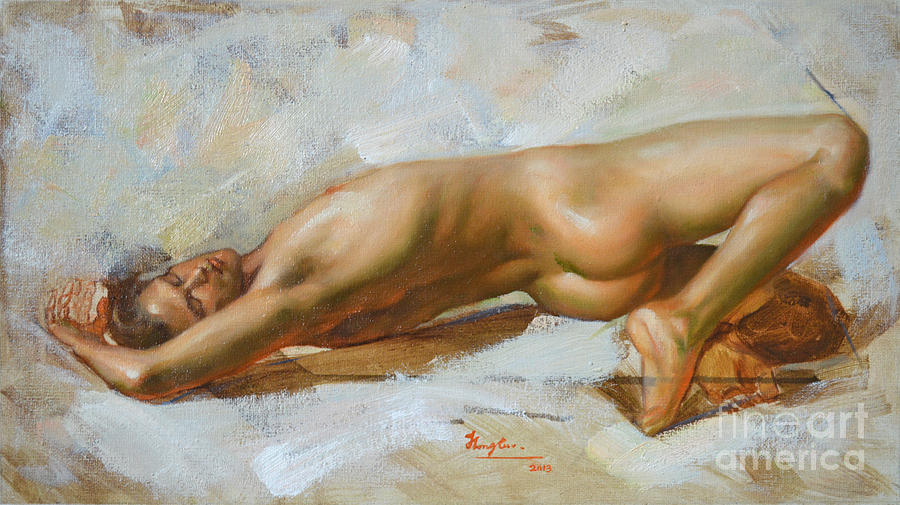 Original Oil Painting Gay Man Body Art-male Nude Lying On The Floor-016 Painting by Hongtao Huang