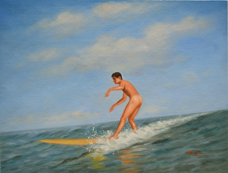 original Oil painting  male nude  man art  in the sea on canvas#16-2-5-01 Painting by Hongtao Huang