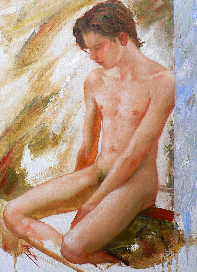 Original Man Oil Painting Nude Sitting On The Window#16-2-5-28 Painting by Hongtao Huang