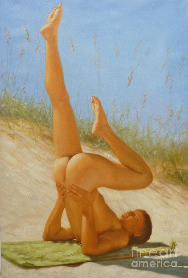 Original Oil painting man art male nude on sand on canvas#16-2-5-05 Painting by Hongtao Huang