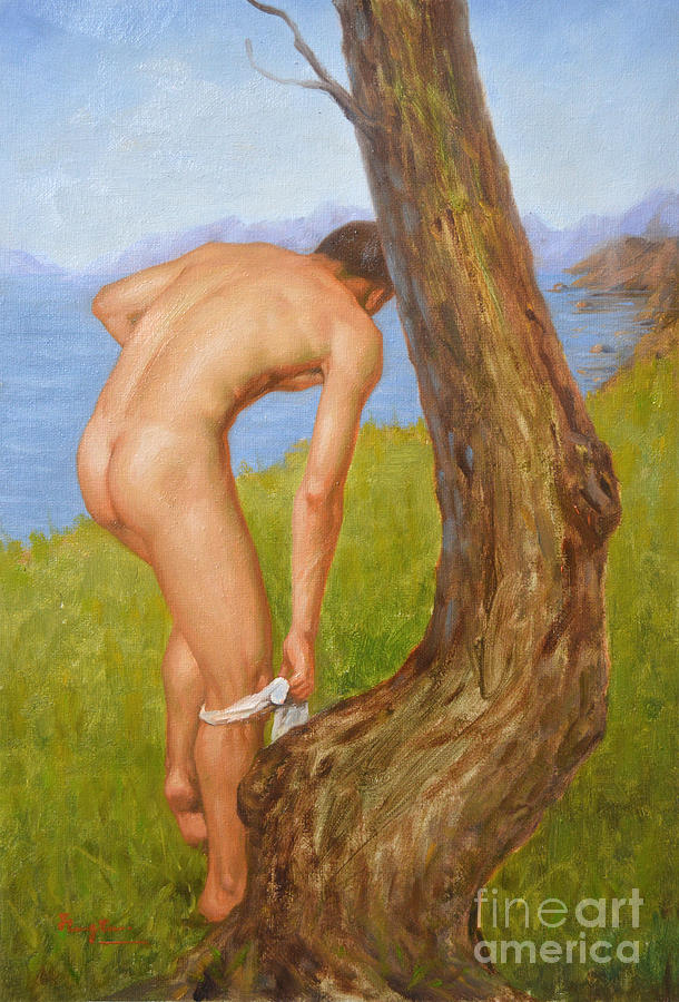Original Oil Painting Man Body Art Male Nude-029 Painting by Hongtao Huang