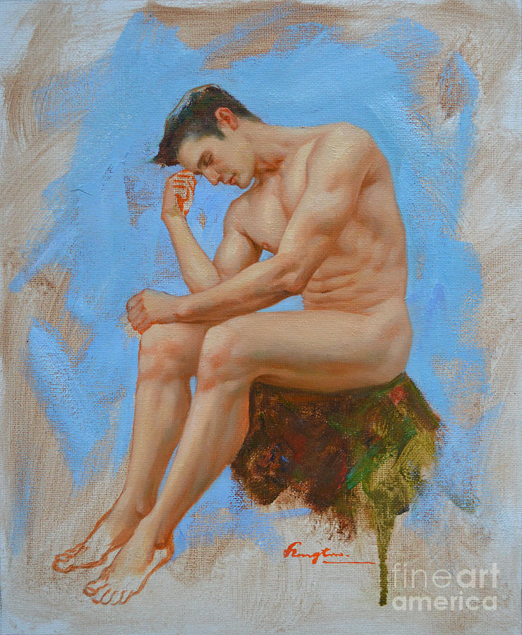 Original Oil Painting Man Body Art - Male Nude -037 Painting by Hongtao Huang