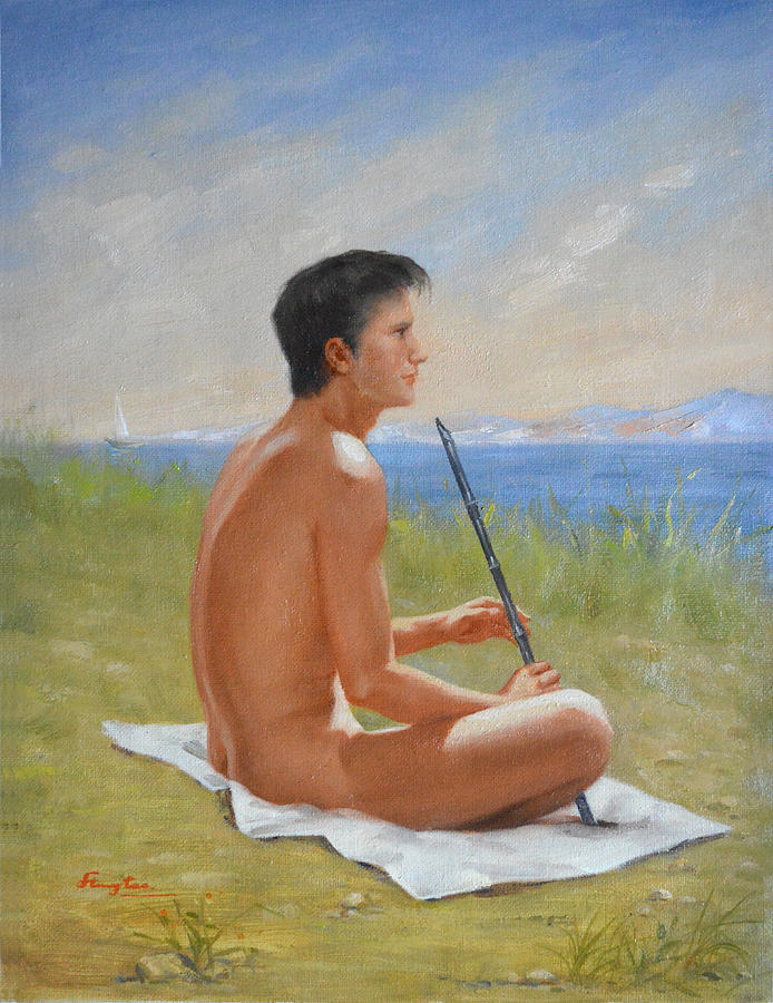 Original Oil Painting Man Body Art -male Nude And Flute By Hongtao#16-1-31-08 Painting by Hongtao Huang
