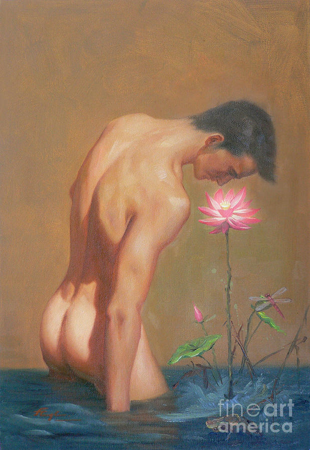 Original Oil Painting Man Body Art-male Nude And Lotus#16-2-1-01 Painting by Hongtao Huang