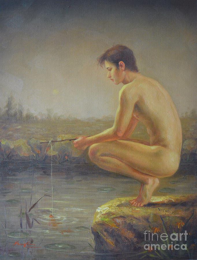Original Oil Painting Man Body Art Male Nude  And The Fish By The Pool-044 Painting by Hongtao Huang