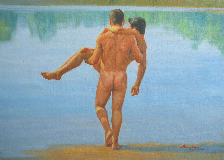 Original Oil Painting Man Body Art -male Nude By The Pool -073 Painting by Hongtao Huang