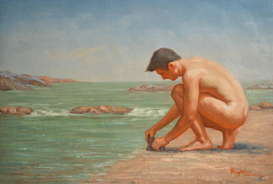 Original Oil Painting Man Body Art Male Nude By The Sea# 16-2-5-42 Painting...