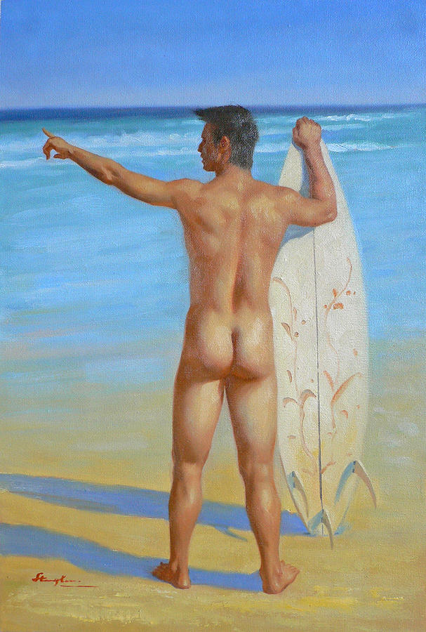 Original Oil Painting Man Body Art-male Nude By The Sea#16-2-1-02 Painting by Hongtao Huang
