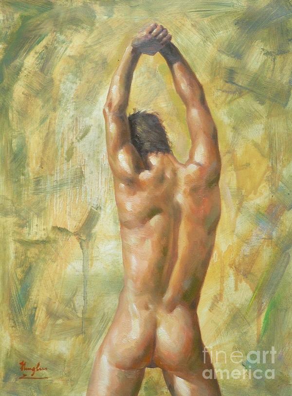 original Oil painting man body art  male nude on canvas #16-2-5-03 Painting by Hongtao Huang