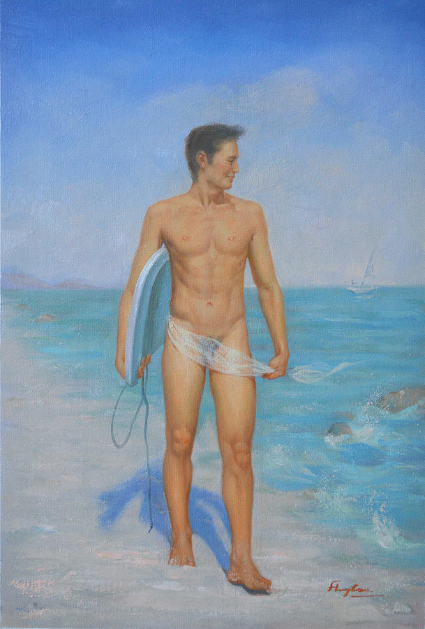 Original Oil Painting Man Body Art-male Nude On Seaside #16-2-1-03 Painting by Hongtao Huang