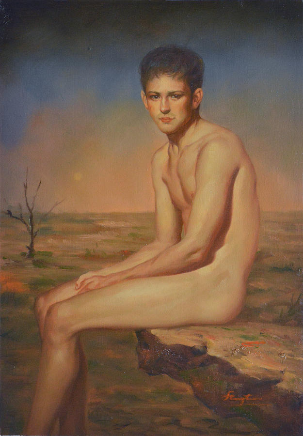 Original Oil Painting Man Body Gay Art- Male Nude Sitting On A Stone#16-2-06 Painting by Hongtao Huang