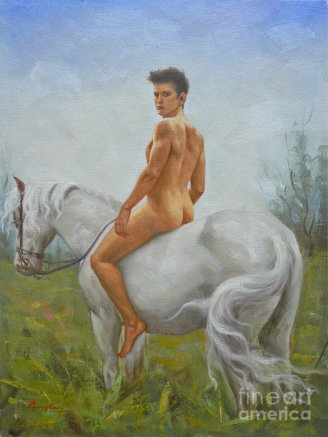 Original Oil Painting Man Body Gay Art- Male Nude Sitting On Horse Painting by Hongtao Huang