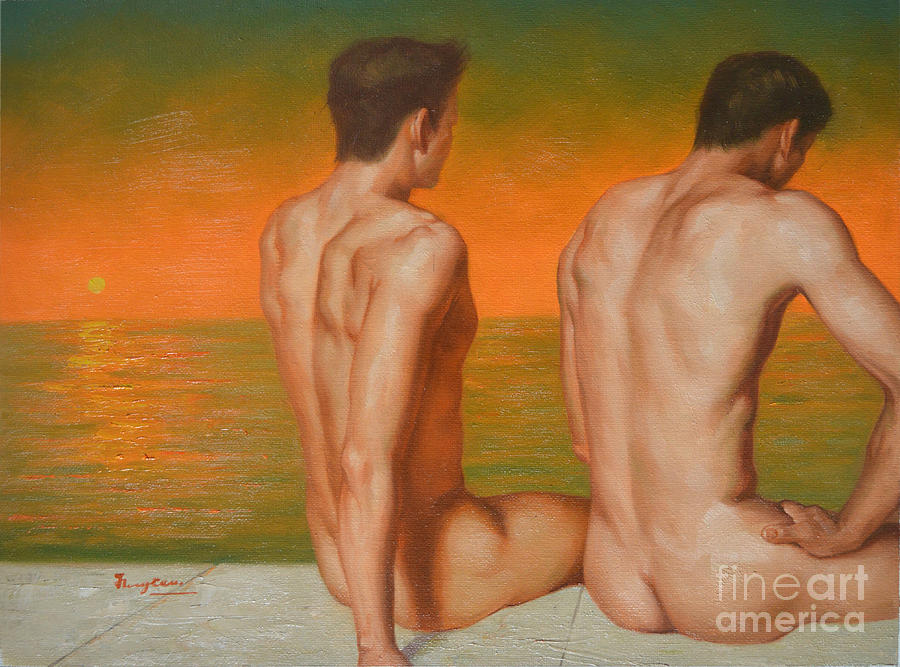 Original Oil Painting Man Body Gay Art- Two Male Nude At The Seaside#16-2-2-09 Painting by Hongtao Huang