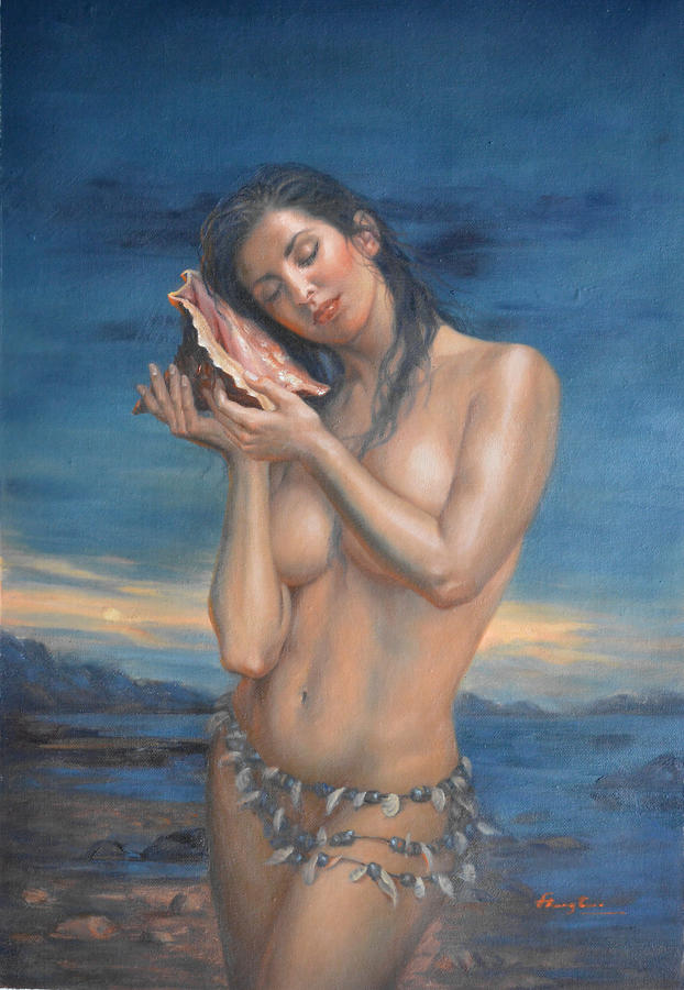 Original Oil Painting Nude Girl Art Female Nude By The Sea On Canvas#16-2-6-02 Painting by Hongtao Huang