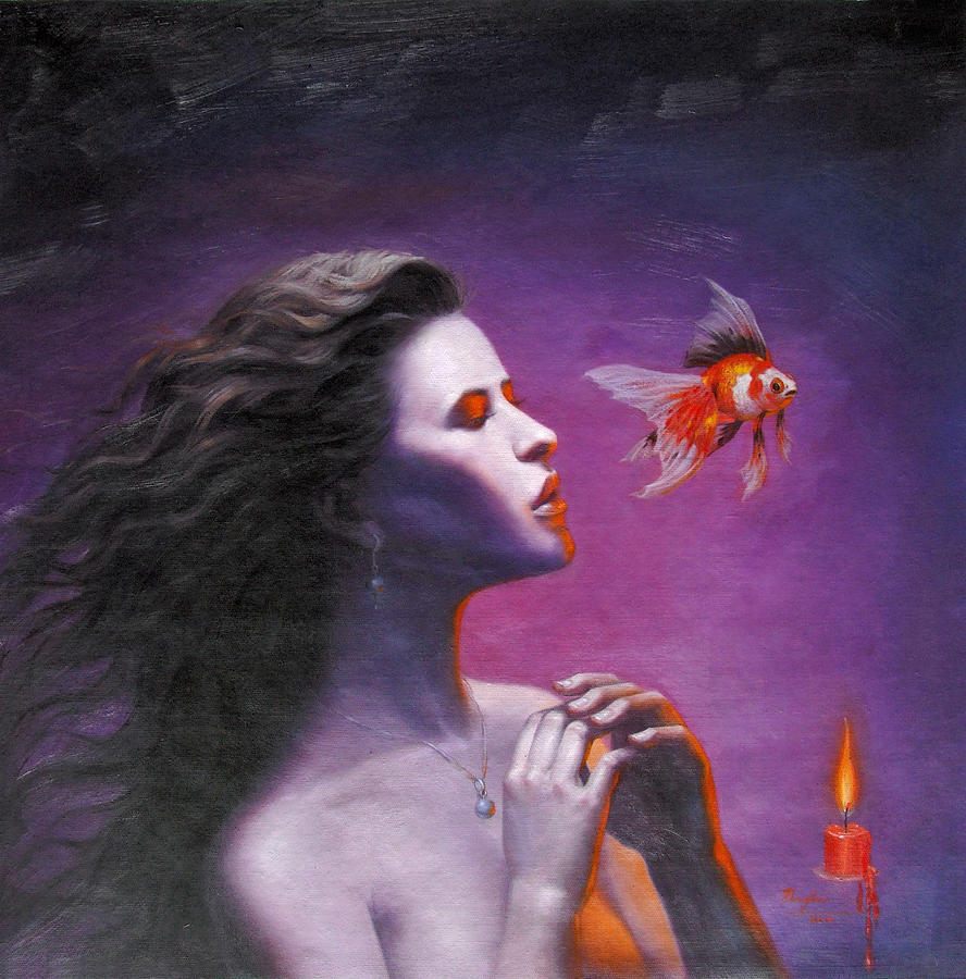 Original oil painting portrait art-girl .candle and red fish  Painting by Hongtao Huang