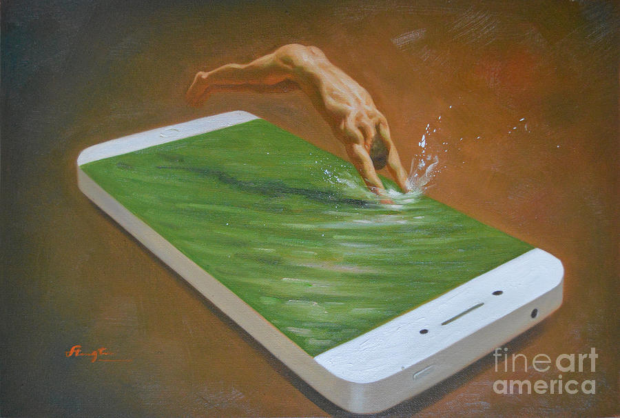 Artist Painting - Original Oil Painting Gay Man Art-male Nude And Iphone#16-2-5-42 by Hongtao Huang