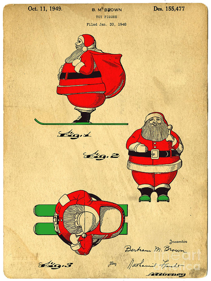 Christmas Digital Art - Original Patent for Santa On Skis Figure by Edward Fielding