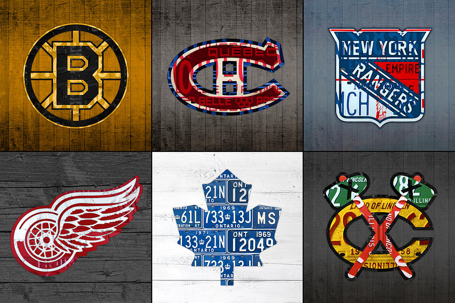 Boston Bruins Mixed Media - Original Six Hockey Team Retro Logo Vintage Recycled License Plate Art by Design Turnpike