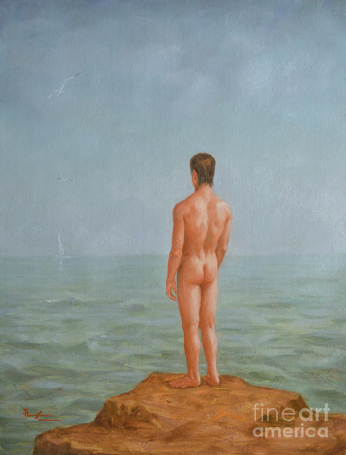 Original  Young Man Body Oil Painting  Gay Art - Male Nude And Seagull#16-2-2-02 Painting by Hongtao Huang