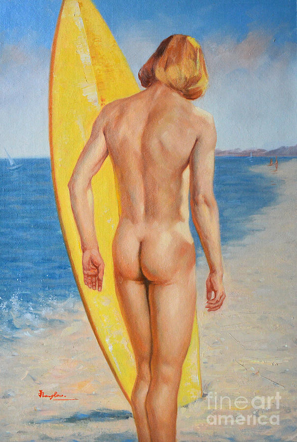 Original  Young Man Body Oil Painting  Gay Art - Male Nude By The Sea#16-2-3-07 Painting by Hongtao Huang
