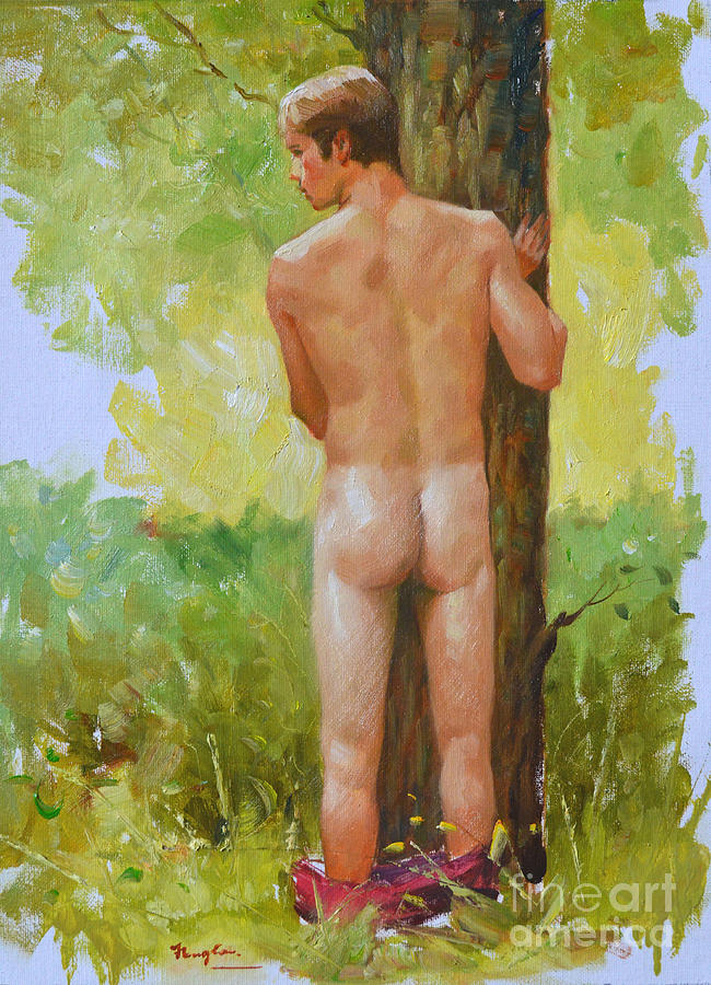 Original  Young Man Body Oil Painting  Gay Art Male Nude In The Forest -057 Painting by Hongtao Huang