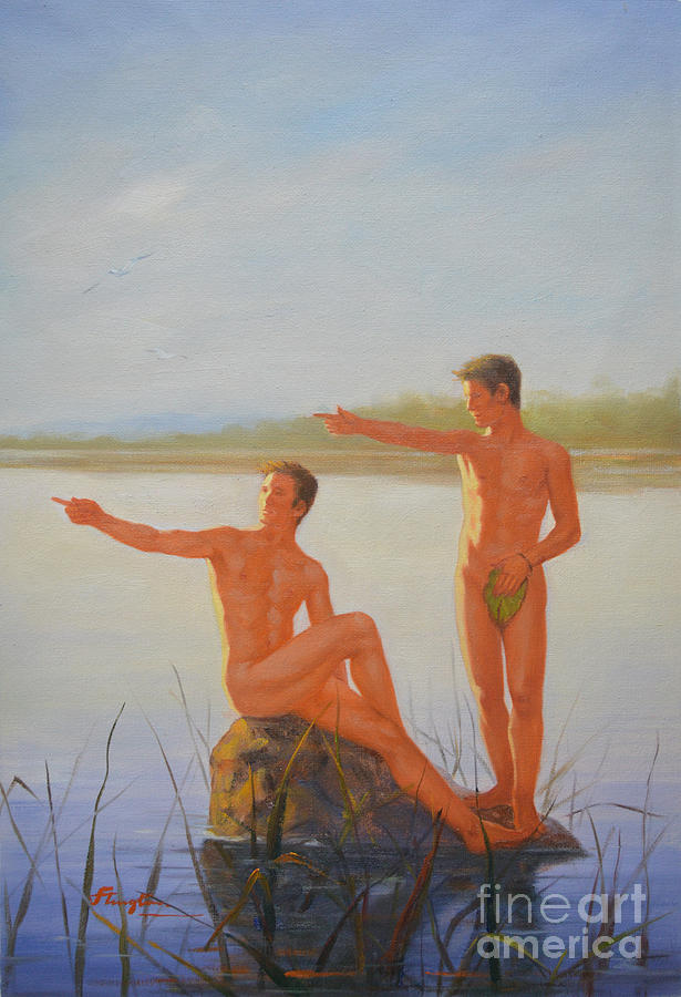 Original  Young Man Body Oil Painting  Gay Art - Male Nude Standing The Pool#16-2-2-04 Painting by Hongtao Huang
