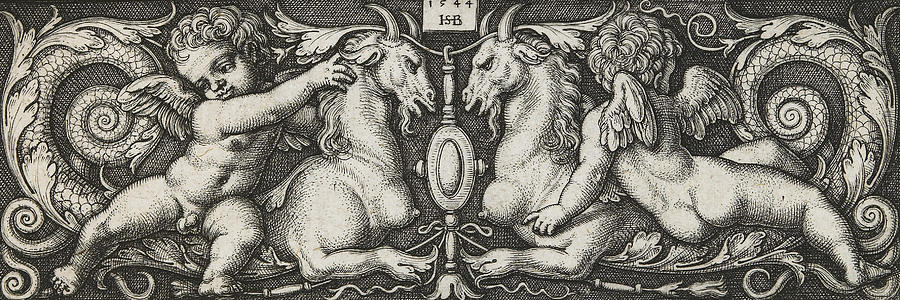 Greek Drawing - Ornament with Two Genii Riding on Two Chimeras by Hans Sebald Beham