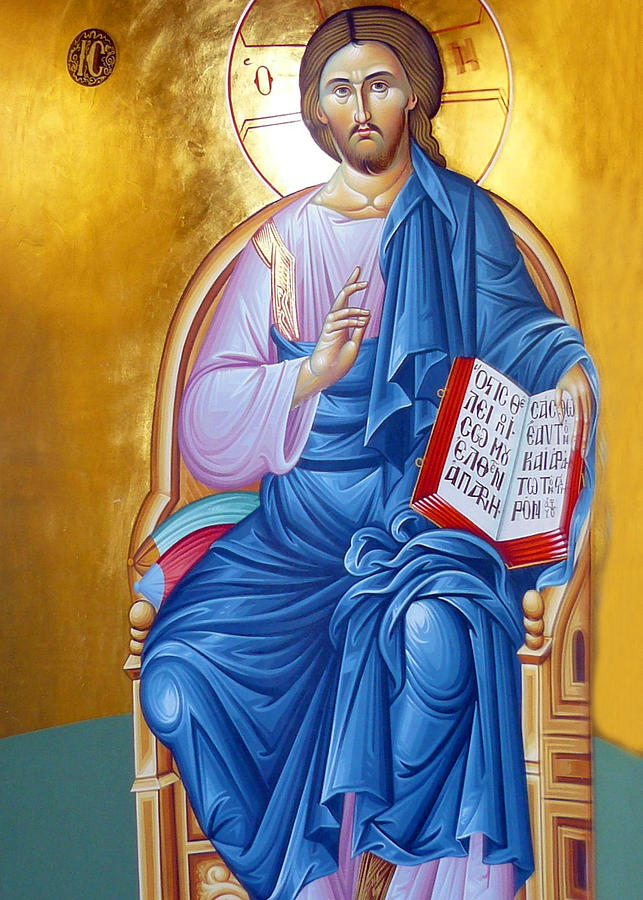 Orthodox Icon of Jesus in Blue Painting by Munir Alawi