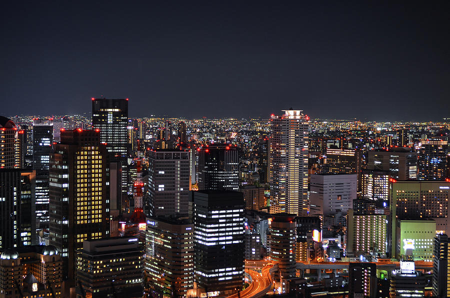 Osaka Skyline At Night Photograph by Image Courtesy Trevor Dobson