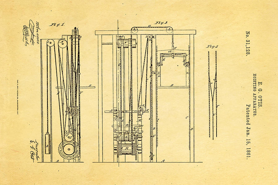 Vintage Photograph - Otis Elevator Patent Art 1861  by Ian Monk