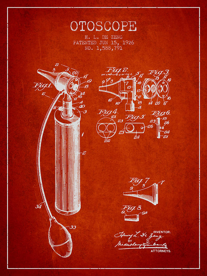 Otoscope Patent From 1926 - Red Digital Art